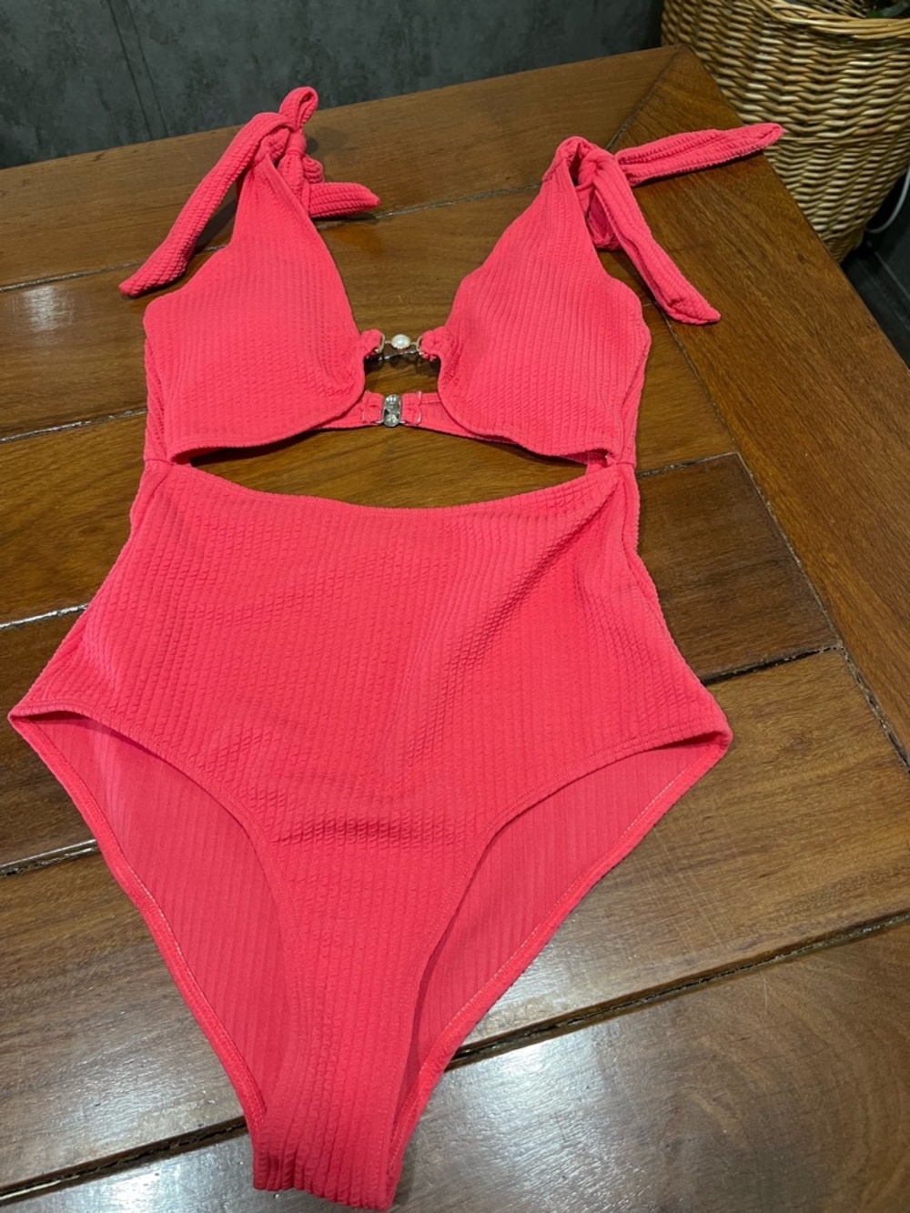 Ribbed One-Piece Cutout Swimsuit in Bright Coral Pink